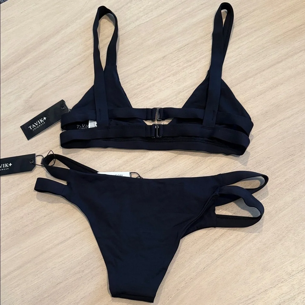 Tavik Black Bikini Set Strappy Minimal Swimwear NWT Size S / M - Picture 2 of 7